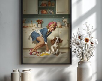 Cocker Spaniel Kitchen Wall Art, Funny Retro 50s Pin Up Girl Poster, Printable JPEG
