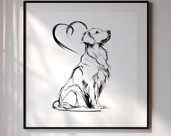 Golden Retriever Wall Art Print 30x30 Inch | Dog Heart Love Sketch | Instant Download JPEG Printable Home Decor Gift