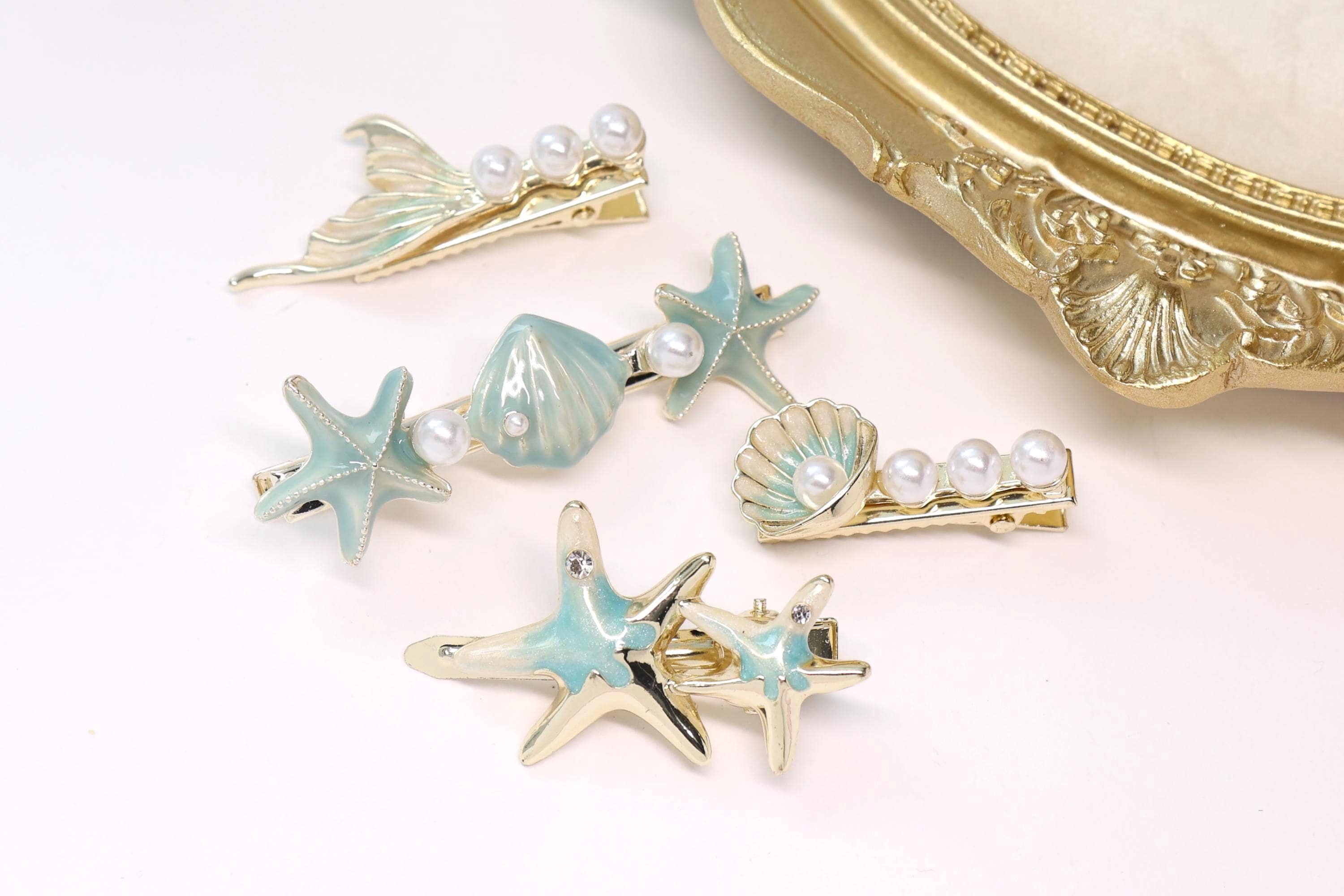 ?️NWT Gold & Faux Pearl Ocean Themed 3 Piece Metal Hair Clip Set SEASHELL BOBBY PINS Beach Wedding Mermaid Hair Clip Pearl  main image 4