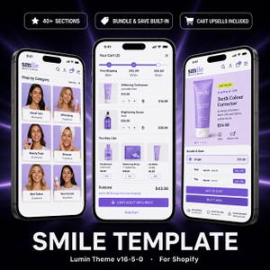 Op de afbeelding: Drie smartphones tonen een website template voor een beauty- en dentalmerk. De schermen tonen productcategorieën, een winkelwagen en productdetails. De template bevat bundel- en bespaaropties en cart upsells.