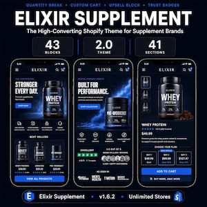 May include: Three smartphone screens displaying the Elixir Supplement Shopify theme. The interface features product pages for whey protein and pre-workout, including customer reviews, pricing, add-to-cart buttons, and sections for best sellers.