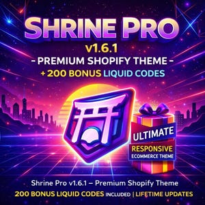 Puede incluir: Gráfico promocional para "Shrine Pro" v1.6.1, un tema premium de Shopify. La imagen presenta un logotipo estilizado con un diseño de puerta torii japonesa, una caja de regalo y el texto "ULTIMATE RESPONSIVE ECOMMERCE THEME". El fondo es un paisaje urbano futurista vibrante.