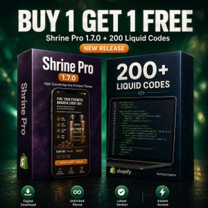 Puede incluir: Anuncio de Shrine Pro 1.7.0, un tema de producto de alta conversión, que ofrece una oferta de 'Compra 1 y llévate 1 gratis'. La imagen presenta una caja con el nombre del producto y un teléfono que muestra una página de producto. También se incluyen 200+ códigos líquidos.