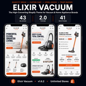 May include: A digital display of the Elixir Vacuum Shopify theme featuring three mobile phone screens showing product pages for cordless and canister vacuums with orange accents, pricing, star ratings, and navigation menus on a dark background.