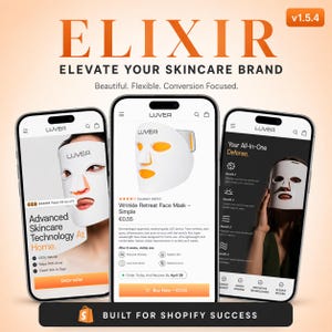 May include: Image of three smartphones displaying skincare product information. The screens show a white face mask with orange accents, product details, and the text "ELIXIR ELEVATE YOUR SKINCARE BRAND". The bottom banner reads "BUILT FOR SHOPIFY SUCCESS".