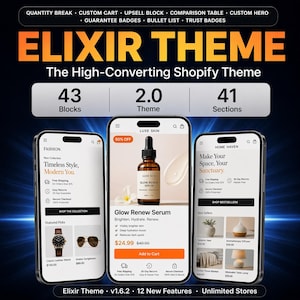 May include: A promotional image for the Elixir Theme, a Shopify theme. The image displays three smartphone screens showcasing the theme's features, including a fashion store, a skincare product, and a home decor store. The theme offers 43 blocks, 2.0 themes, and 41 sections.