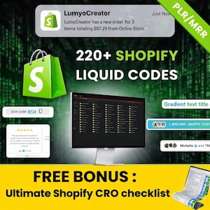 220+ Shopify Liquid Codes Bundle – Ready-to-Use Website Customization Snippets (PLR/MRR) – Works with Any Theme – Instant Digital Download