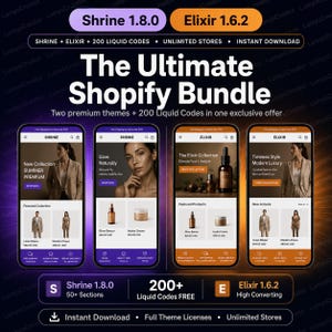 Shrine 1.8.0 + Elixir Shopify Motyw Bundle | Dwa Premium Motywy + 200 Kodów Liquid | Natychmiastowe Pobieranie Ekskluzywna Oferta