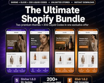 Shrine 1.8.0 + Elixir Shopify Theme Bundle | Two Premium Themes + 200 Liquid Codes | Instant Download Exclusive Deal