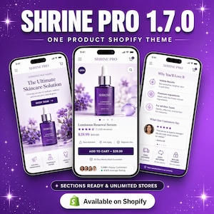 May include: A promotional image for the Shrine Pro Shopify theme, showcasing a skincare product on three mobile phone screens. The screens display the product's features, customer reviews, and the option to purchase. The theme is advertised as a one-product Shopify theme.
