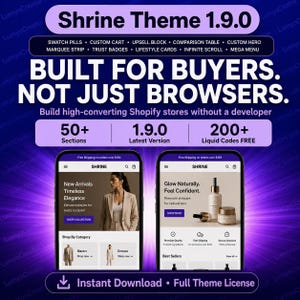 Könnte beinhalten: Eine digitale Grafik für das Shrine Theme 1.9.0 mit dem Text Built for Buyers, Not Just Browsers. Sie zeigt zwei Handybildschirme mit E-Commerce-Shop-Layouts, die Produktkategorien, Hautpflegeartikel und Navigationsmenüs darstellen.
