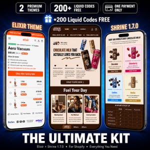 Könnte beinhalten: Drei Smartphone-Bildschirme, die ein E-Commerce-Thema präsentieren. Der erste zeigt einen Staubsauger, der zweite hebt Schokoladenmilch hervor und der dritte zeigt verschiedene Schokoladenmilchsorten. Der Text enthält "2 Premium-Themes" und "+200 Liquid Codes GRATIS."