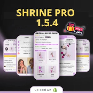Puede incluir: Un anuncio de Shrine Pro 1.5.4, que presenta múltiples pantallas de teléfonos inteligentes que muestran información del producto. Las pantallas muestran "Original Phero Scent" y otras fragancias, con texto que incluye "Extra Bonus" y "Upload On S". La combinación de colores es principalmente morada y blanca.