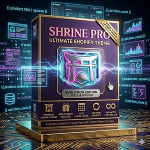 Puede incluir: Una caja morada y dorada con el texto "SHRINE PRO ULTIMATE SHOPIFY THEME" y un logotipo de neón. La caja también incluye el texto "EVOLUTION EDITION v1.6.1 | v2.1.0 FUSED" e iconos de funciones como tema premium y actualizaciones de por vida.