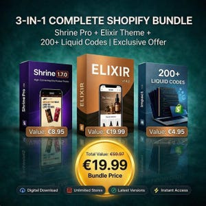Könnte beinhalten: Werbebild für ein 3-in-1 Shopify-Bundle. Das Bild zeigt drei Produktboxen: Shrine Pro, Elixir Theme und 200+ Liquid Codes. Der Bundle-Preis wird prominent angezeigt. Das Bild enthält auch Symbole für digitalen Download, unbegrenzte Shops, neueste Versionen und sofortigen Zugriff.