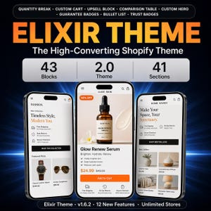 May include: A promotional image for the Elixir Theme, a Shopify theme. The image displays three smartphone screens showcasing the theme's features, including a fashion store, a skincare product, and a home decor store. The theme offers 43 blocks, 2.0 themes, and 41 sections.