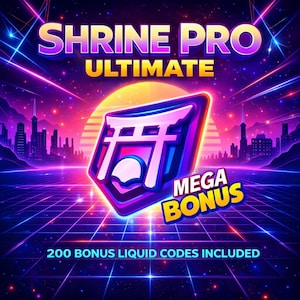 Puede incluir: Gráfico digital con el texto "SHRINE PRO ULTIMATE" en morado y amarillo. Se presenta un torii japonés estilizado, con el texto "MEGA BONUS". El fondo tiene un paisaje urbano y una cuadrícula retro-futuristas.