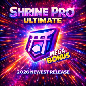 May include: A colourful graphic with the text "SHRINE PRO ULTIMATE" in purple and blue. A stylized Japanese torii gate icon is featured, with "MEGA BONUS" and "2026 NEWEST RELEASE" text. The background has a cosmic, starburst effect.