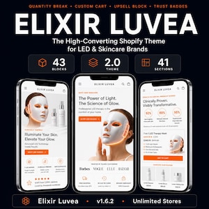 May include: A digital display showing the Elixir Luvea Shopify theme for LED and skincare brands. Three smartphone screens feature product pages with LED therapy masks, skincare bottles, and text including The Power of Light and The Science of Glow.