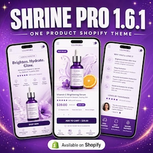 Puede incluir: Imagen promocional para un tema de Shopify. Tres pantallas de teléfonos inteligentes muestran un producto de suero de vitamina C. Las pantallas muestran detalles del producto, beneficios y reseñas de clientes. El frasco de suero es morado con un cuentagotas.