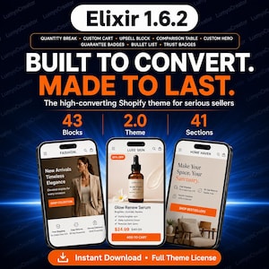 Puede incluir: Un gráfico digital para el tema de Shopify Elixir 1.6.2 con tres pantallas de teléfono inteligente que muestran diseños de tiendas de comercio electrónico. El texto incluye BUILT TO CONVERT. MADE TO LAST., 43 Blocks, 2.0 Theme, 41 Sections.