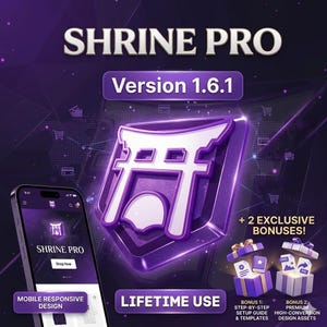 Op de afbeelding: Een paarse en witte afbeelding met de tekst "SHRINE PRO Versie 1.6.1". De afbeelding bevat een smartphone met het "SHRINE PRO" logo en de woorden "MOBILE RESPONSIVE DESIGN" en "LIFETIME USE". Er worden ook twee geschenkdozen getoond met de tekst "+ 2 EXCLUSIVE BONUSES!"