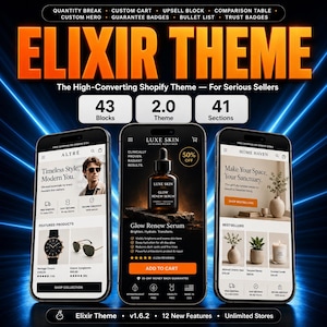 Può includere: Una pubblicità per Elixir Theme, un tema Shopify per venditori seri. L'immagine mostra tre smartphone che visualizzano siti web di e-commerce. Il tema offre 43 blocchi, versione 2.0 e 41 sezioni. Il testo sull'immagine include "Glow Renew Serum".