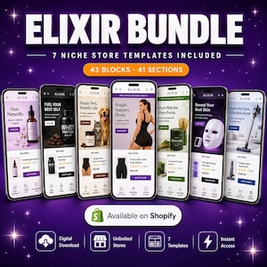 Pode incluir: Um anúncio do Elixir Bundle, com sete telas de smartphones exibindo vários modelos de lojas de nicho. As telas mostram produtos como cuidados com a pele, suplementos proteicos, suprimentos para animais de estimação, shapewear, matcha, máscaras de LED e aspiradores de pó sem fio. O texto inclui "Download Digital".