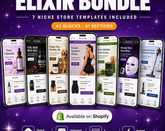 Elixir Shopify Theme Bundle | Base Theme + 7 Niche Templates | Skincare Pet Supplement Shapewear Matcha | Digital Download