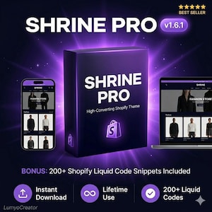 Puede incluir: Imagen promocional de "SHRINE PRO", un tema de Shopify. La imagen presenta una caja morada oscura con el nombre y el logotipo del producto, un teléfono inteligente y una computadora portátil que muestran la interfaz del tema e iconos que indican características.