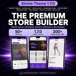 Peut inclure: Un graphique numérique pour le thème Shrine 1.7.0, un constructeur de boutique Shopify premium. L'image affiche trois écrans de smartphone montrant des mises en page de sites e-commerce, avec des en-têtes détaillant des fonctionnalités.
