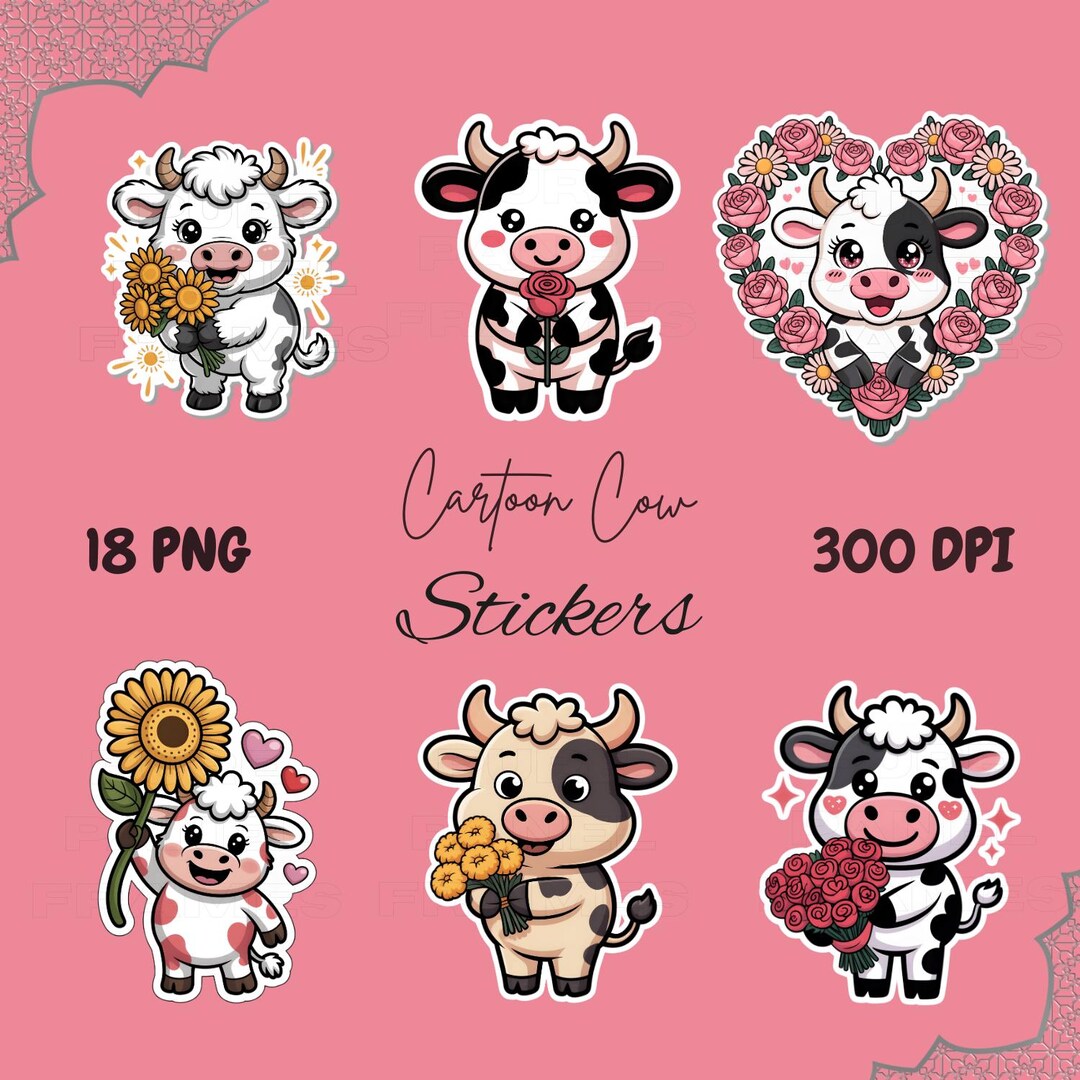 Cartoon Cow Sticker | Kawaii Animal Art | Floral Cow Stickers | Pastel ...