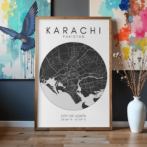 Karachi City Map Print – Framed Wall Art, Minimalist City Poster, Black or White Frame, Pakistan Decor – incl. picture Frame