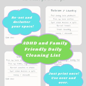 May include: A gray printable cleaning list titled "Family Nightly Clean & Re-Set." The list includes tasks for the bathroom, laundry, and living areas. Text in the image reads "ADHD and Family Friendly Daily Cleaning List."