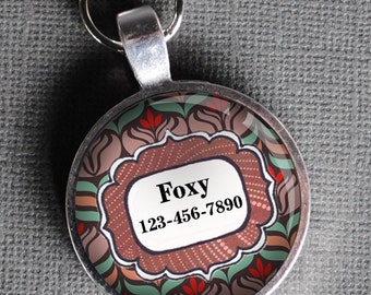 Pet iD Tag red and brown floral round Dog Tag Cat Tag by California Mutts