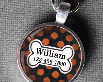 LARGE Pet iD Tag orange and black polka dot colorful round Dog Tag 35mm round -  by California Mutts