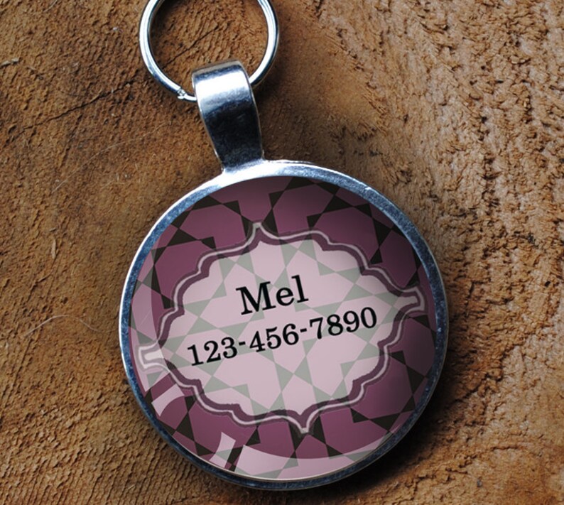 Purple patterned Pet iD Tag colorful round Dog Tag 35mm round by California Mutts image 1