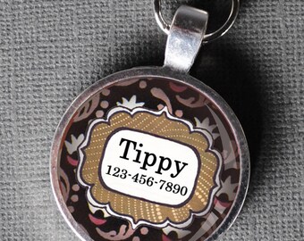 Pet iD Tag floral and black polka dot colorful round Dog Tag 35mm round - by California Mutts