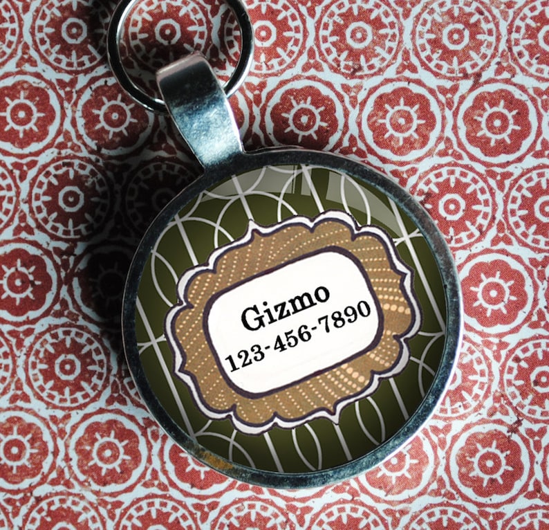 Pet iD Tag olive green and brown patterned colorful round Dog Etsy