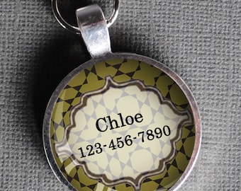 Olive green patterned Pet iD Tag colorful round Dog Tag round Pet tag-  by California Mutts