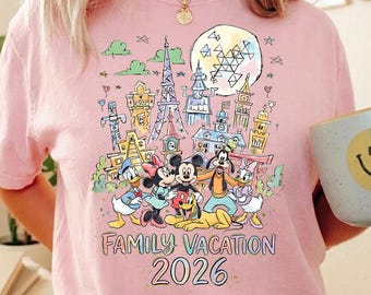 カスタム ディズニーワールド ファミリー旅行シャツ、ディズニー ファミリーバケーションシャツ、パーソナライズされたファミリーお揃いシャツ、ディズニー カスタム ミニー＆ミッキーシャツ