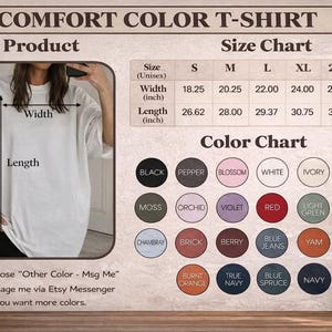 May include: A white short-sleeved t-shirt displayed with a size chart featuring width and length measurements in inches, and a color chart showing twenty-four circular color swatches including black, pepper, blossom, white, ivory, light green, moss, orchid, violet, red, yam, chambray, brick, berry, blue jeans, burnt orange, true navy, blue spruce, and navy.