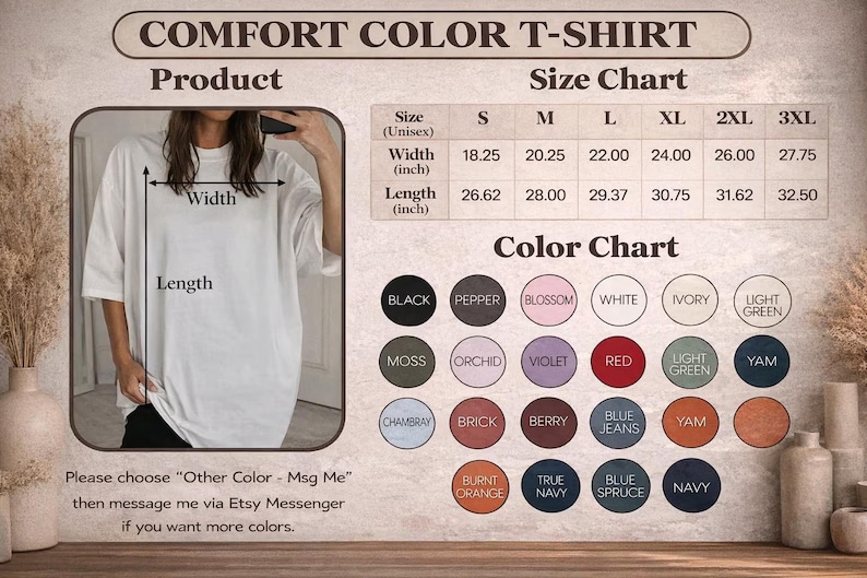May include: A white short-sleeved t-shirt displayed with a size chart featuring width and length measurements in inches, and a color chart showing twenty-four circular color swatches including black, pepper, blossom, white, ivory, light green, moss, orchid, violet, red, yam, chambray, brick, berry, blue jeans, burnt orange, true navy, blue spruce, and navy.