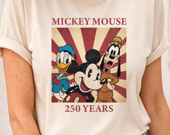 250周年記念レトロカートゥーンフレンズシャツ、ヴィンテージ愛国記念日Tシャツ、クラシックアニマルキャラクターシャツ、お祝いギフト