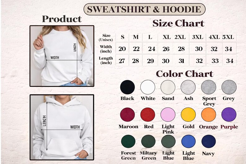 May include: A sweatshirt and hoodie size chart featuring a white crewneck sweatshirt and a white hooded sweatshirt with width and length measurement lines. The chart displays unisex sizes S through 5XL in inches and lists seventeen available color options.