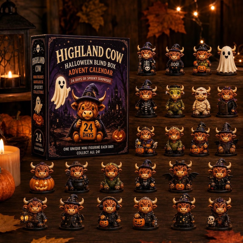 May include: A Highland Cow Halloween blind box advent calendar box featuring a ghost and a cow in a witch hat, alongside 24 unique mini figurines of cows in various Halloween costumes, including ghosts, pumpkins, skeletons, and mummies.