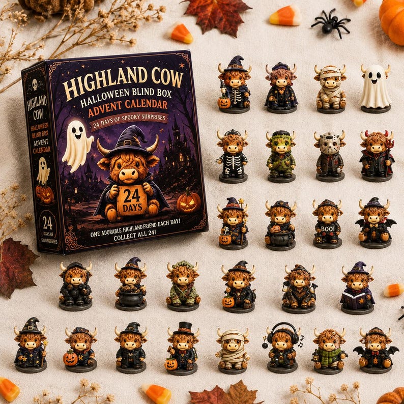 May include: A Highland Cow Halloween Blind Box Advent Calendar box featuring a ghost and a cow in a witch hat, accompanied by 24 miniature Highland cow figurines dressed in various Halloween costumes, including mummies, ghosts, and witches.