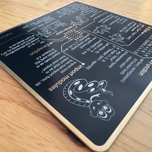 Peut inclure: Une plaque carr&eacute;e noire aux coins arrondis pr&eacute;sentant du code de programmation Python imprim&eacute; en blanc, incluant des sections pour les plages, fonctions, boucles et exceptions, avec une illustration de serpent et le texte DigElectro.