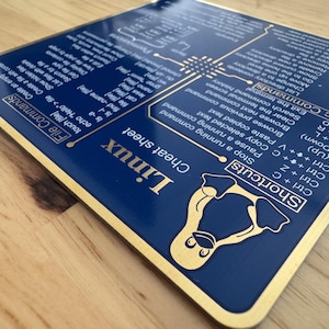 May include: A square blue Linux cheat sheet plaque with gold-colored text and borders. The surface displays sections for File Commands, Permissions, and Shortcuts, including the Linux penguin logo. The text lists various terminal commands and functions.