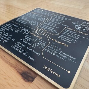 Peut inclure: Un dessous de verre carr&eacute; noir avec du texte et des sch&eacute;mas de couleur claire illustrant des concepts de programmation Python, notamment les boucles, fonctions et modules. Le design inclut le texte DigElectro et un petit serpent.